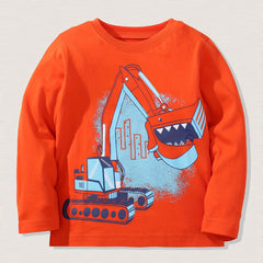 Excavator Print Kid's Cotton Pullover Long Sleeve Top