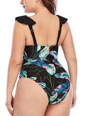  Colorblock Floral Print Ruffle Trim One Piece Swimsuit