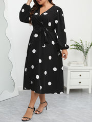  Polka Dot Lantern Sleeve Midi Dress