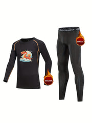 Kids Cartoon Dragon Compression Fleece Set - Long Sleeve Shirt & Pants