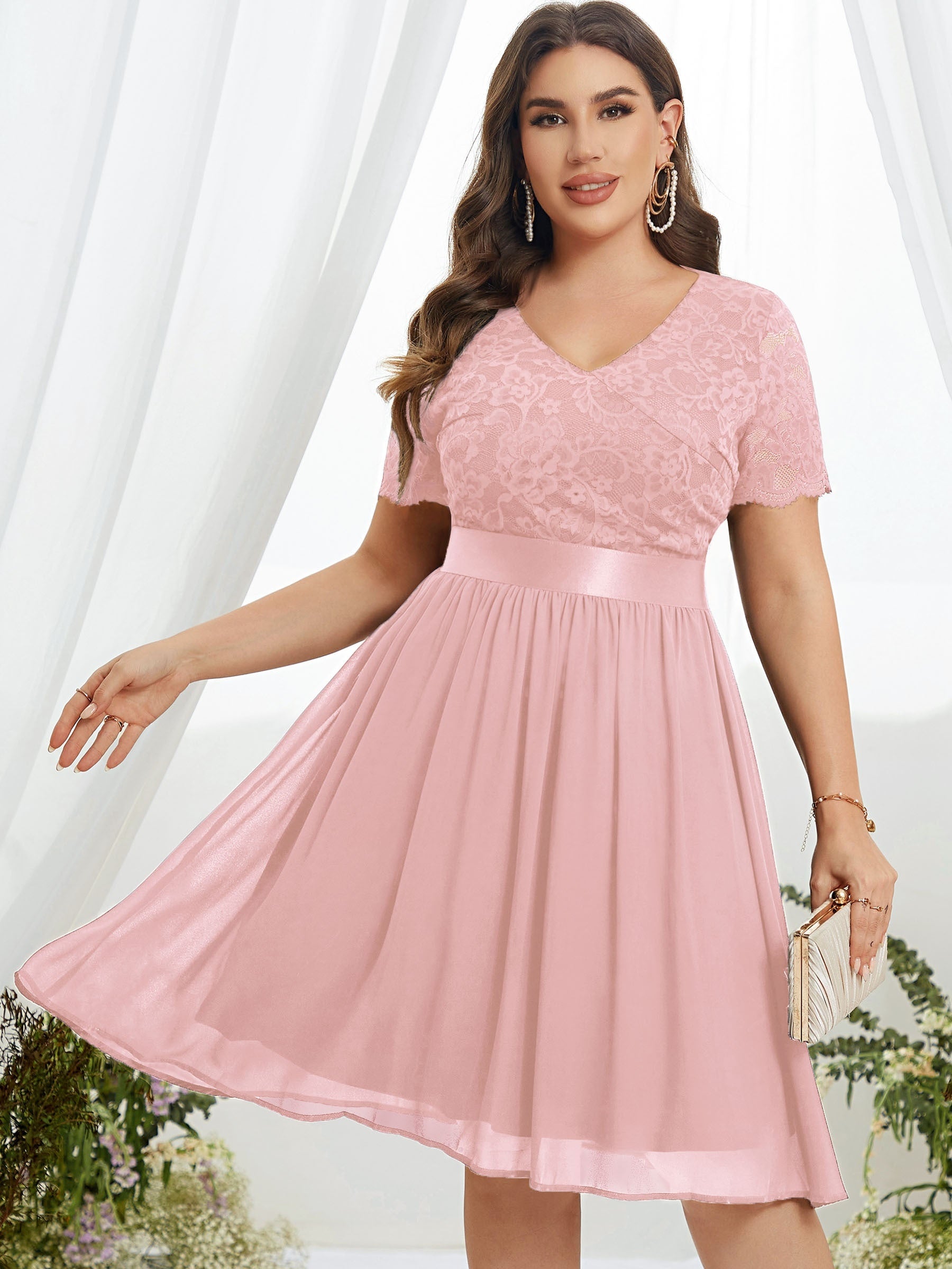  Party Dress Women's Plus Solid Contrast Lace Short Sleeve V Neck