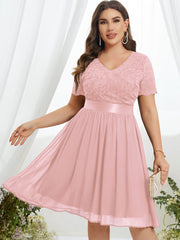  Party Dress Women's Plus Solid Contrast Lace Short Sleeve V Neck