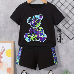 Boys Colorful Bear Casual Outfit Round Neck T shirt & Shorts