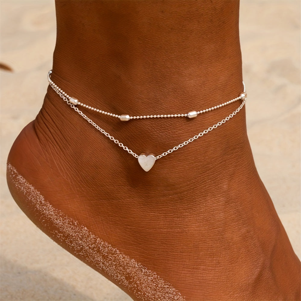 Double Layers Chain Anklet with Mini Love Heart Beads Adjustable Bracelet