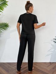 Solid Lounge Set V Neck Top & Elastic Waistband Pants Women's Loungewear