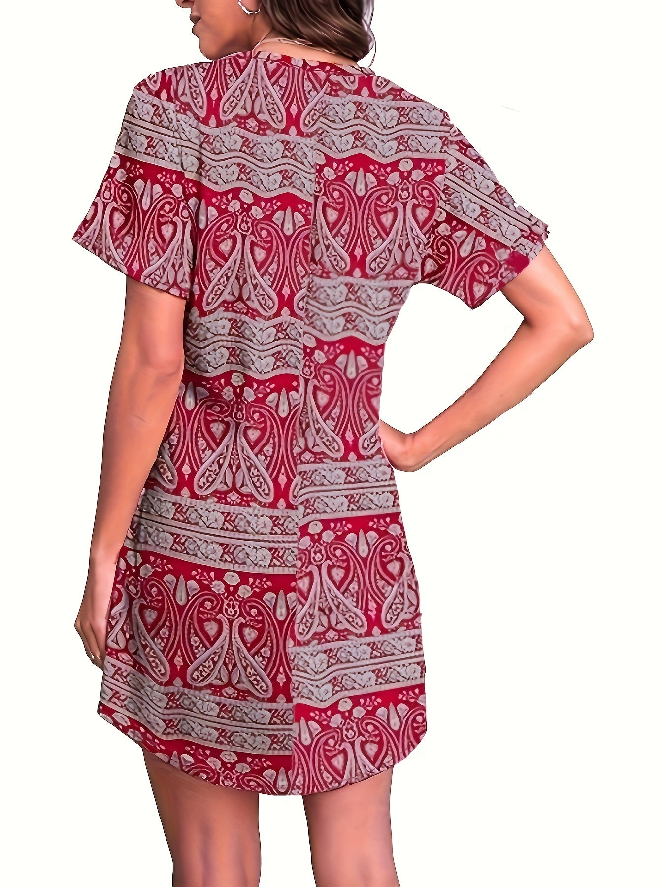  Paisley Print V Neck Tee Dress With Pockets