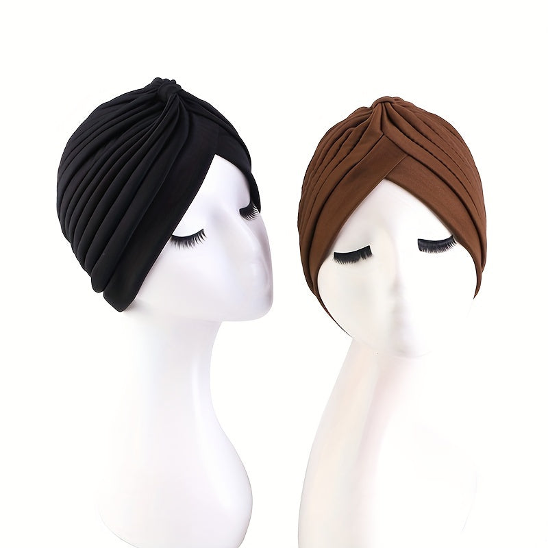 2pcs Solid Turban Cap Pleated Head Wrap Chemo Hats