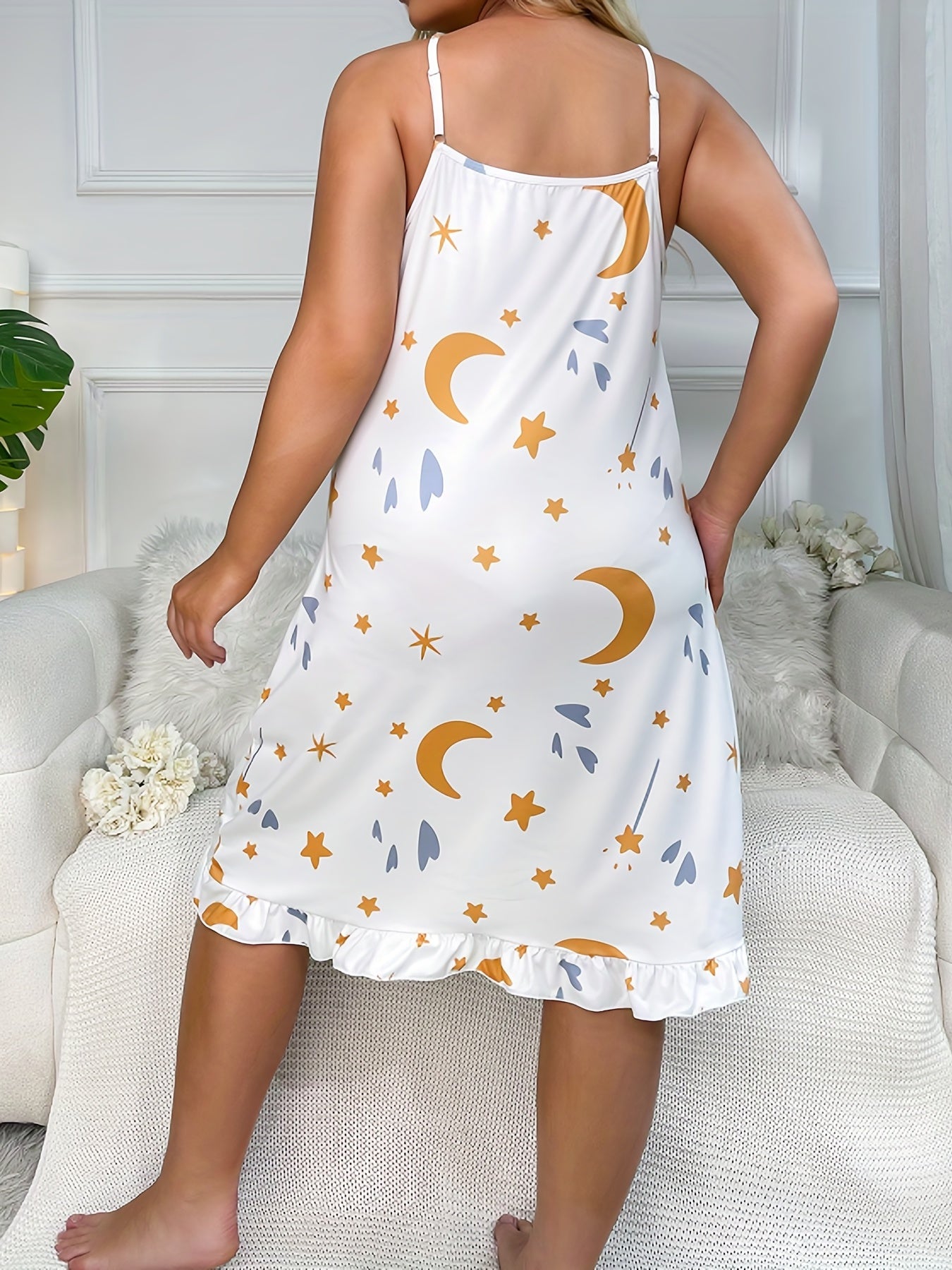  Moon & Stars Print Ruffle Trim Cami Sleep Dress