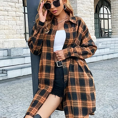  Plaid Print Button Up Long Sleeve Shacket
