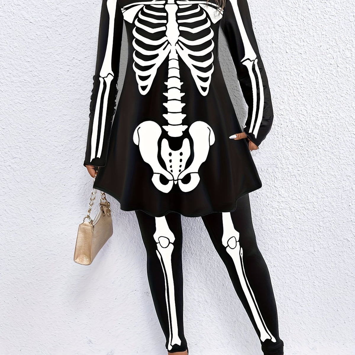 Women's Plus Skeleton Print Top & Legging Set Halloween Gothic Outfit