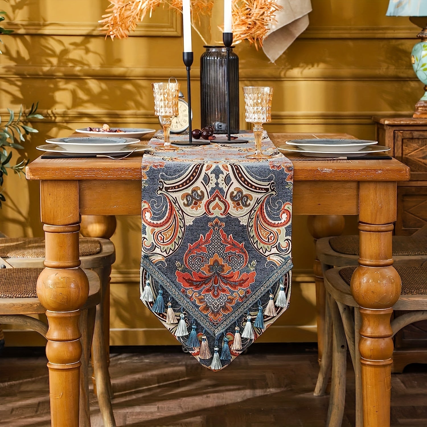 Ethnic Table Runner Floral Jacquard Tassel Dining Runners