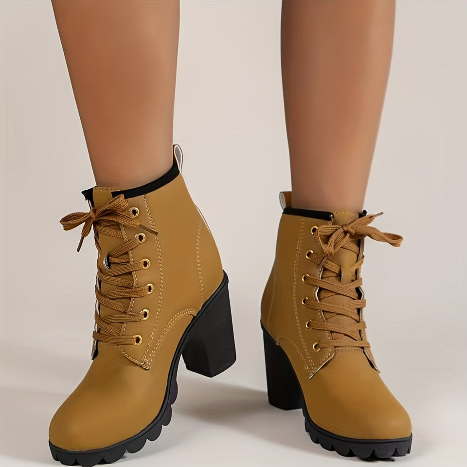 Women's Chunky Heeled Ankle Boots Retro Solid Lace Up High Heels