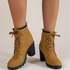 Women's Chunky Heeled Ankle Boots Retro Solid Lace Up High Heels