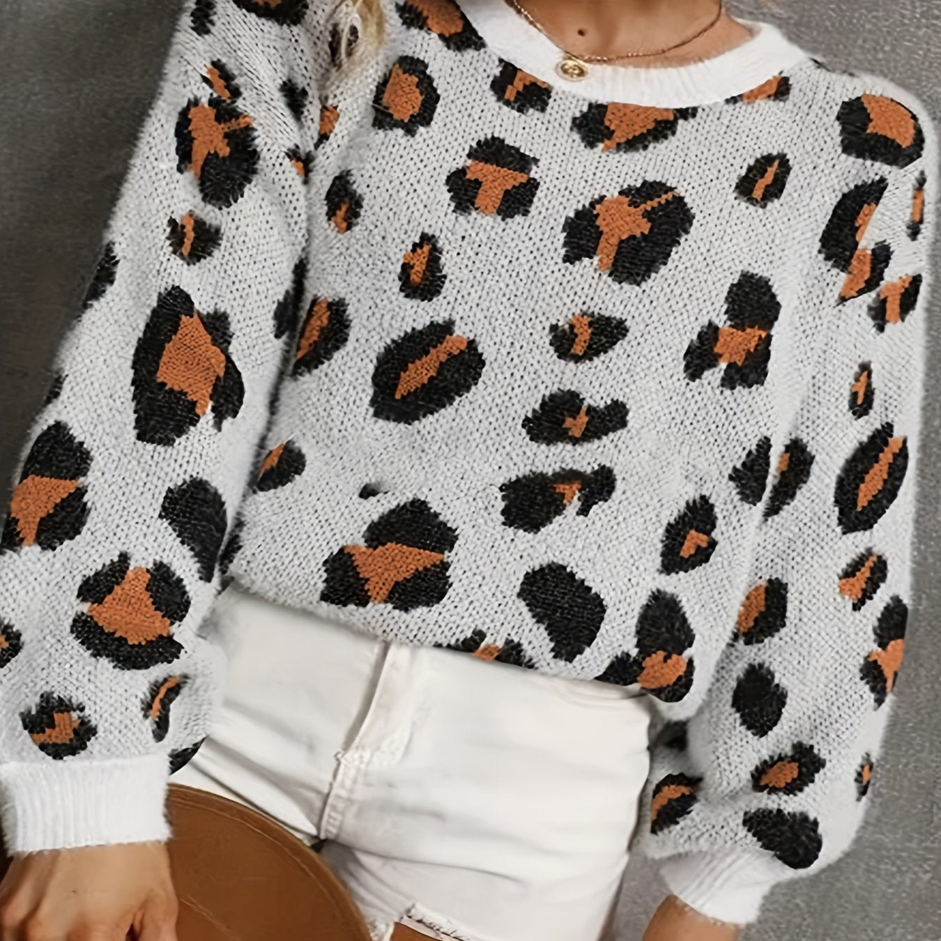  Casual Sweater Women's Plus Leopard Print Round Neck Jumper