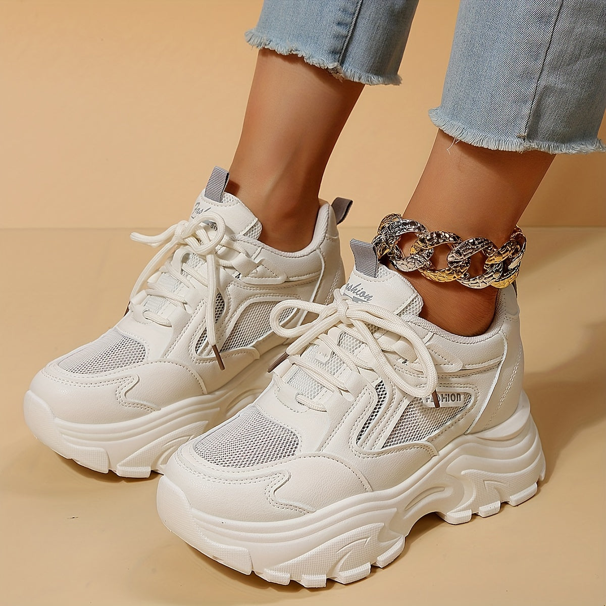 Solid Lace Up Mesh Sneakers Height Increased Dad Shoes Women's