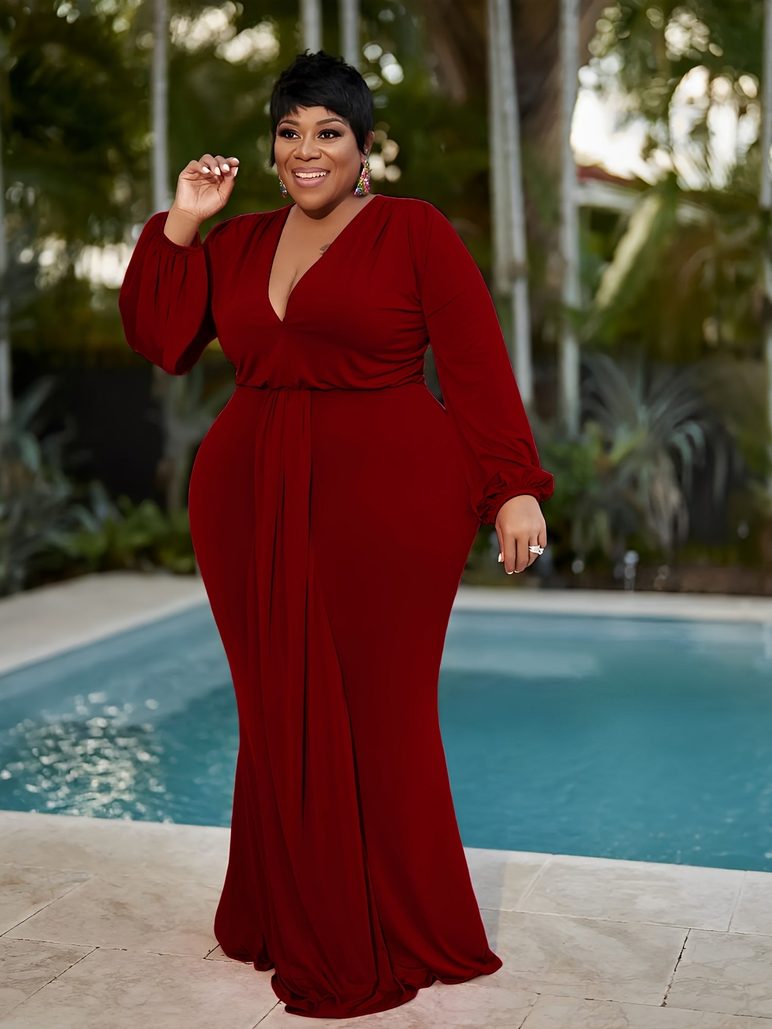  Deep V Neck Maxi Dress Solid Medium Stretch Casual Long Dress
