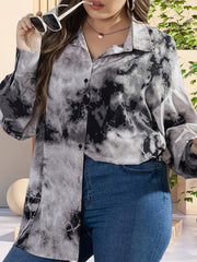  Tie Dye Button Up Lantern Sleeve Blouse