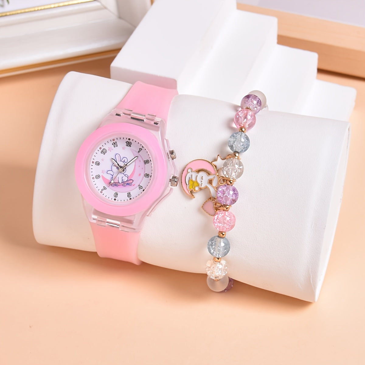 Girls' Rabbit Moon Quartz Watch with LED Glowing, Stretch Bracelet