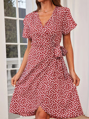 Floral Print Vacation Dress V Neck Short Sleeve Knot Summer Dress
