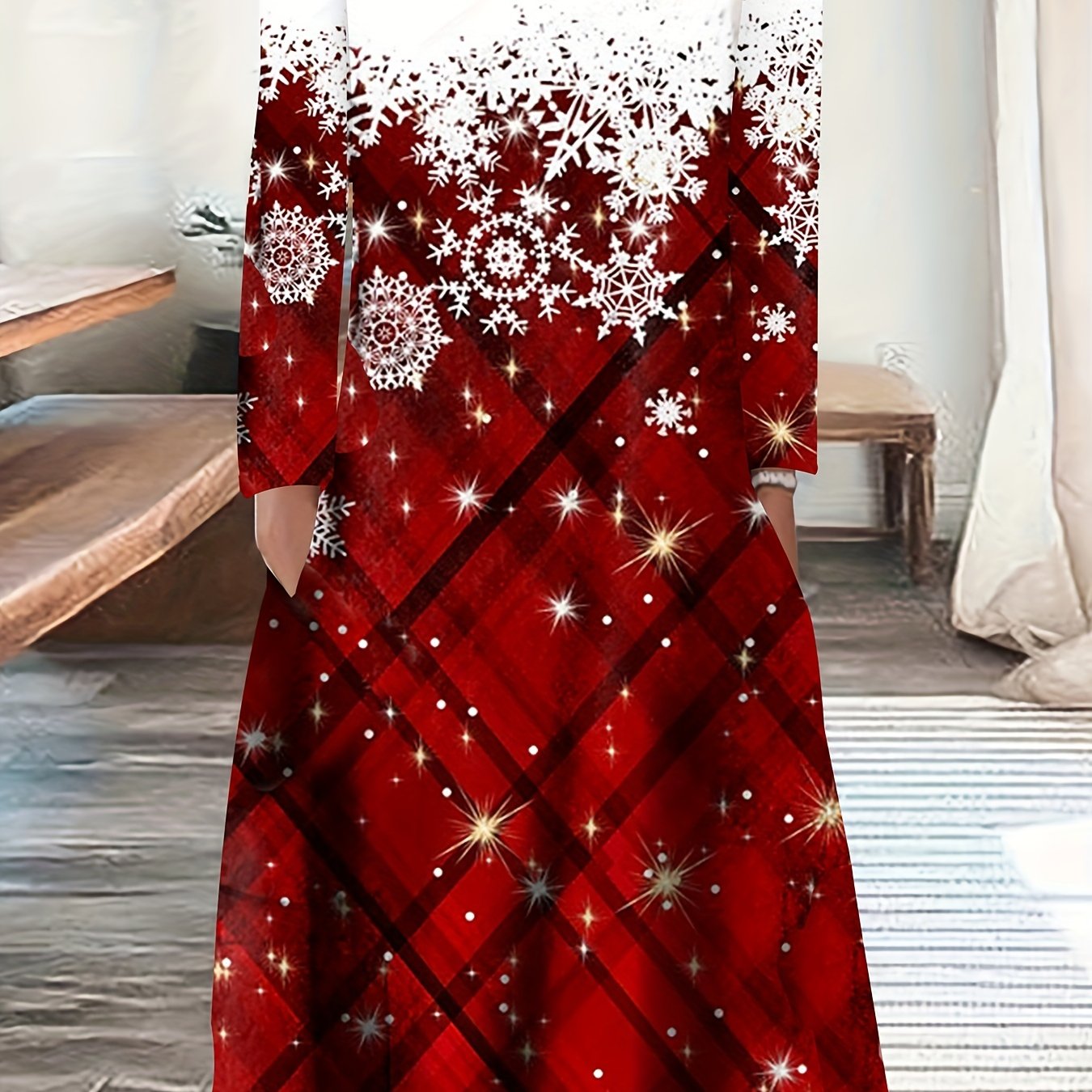 Women's Plus Snowflake & Plaid Long Sleeve Dress with Pockets