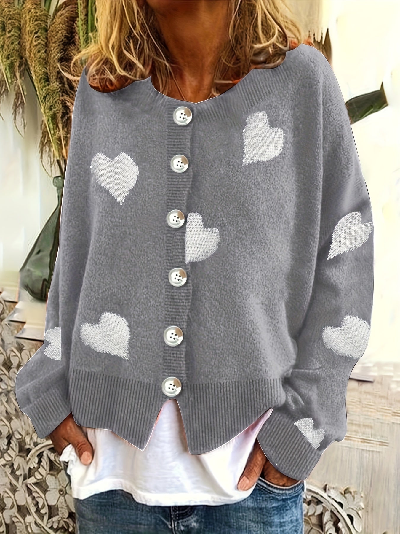  Heart Print Button Up Long Sleeve Cardigan