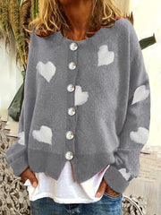  Heart Print Button Up Long Sleeve Cardigan