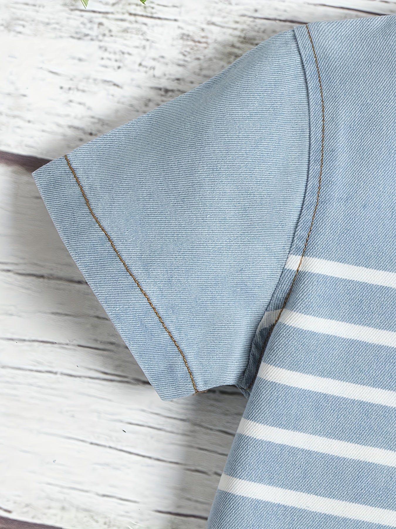 Boys Striped Denim Lapel Shirt Short Sleeve Button Down Tee