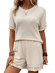 Waffle Tassel Two piece Set Crew Neck Short Sleeve Tops & Comfy Short Outfits