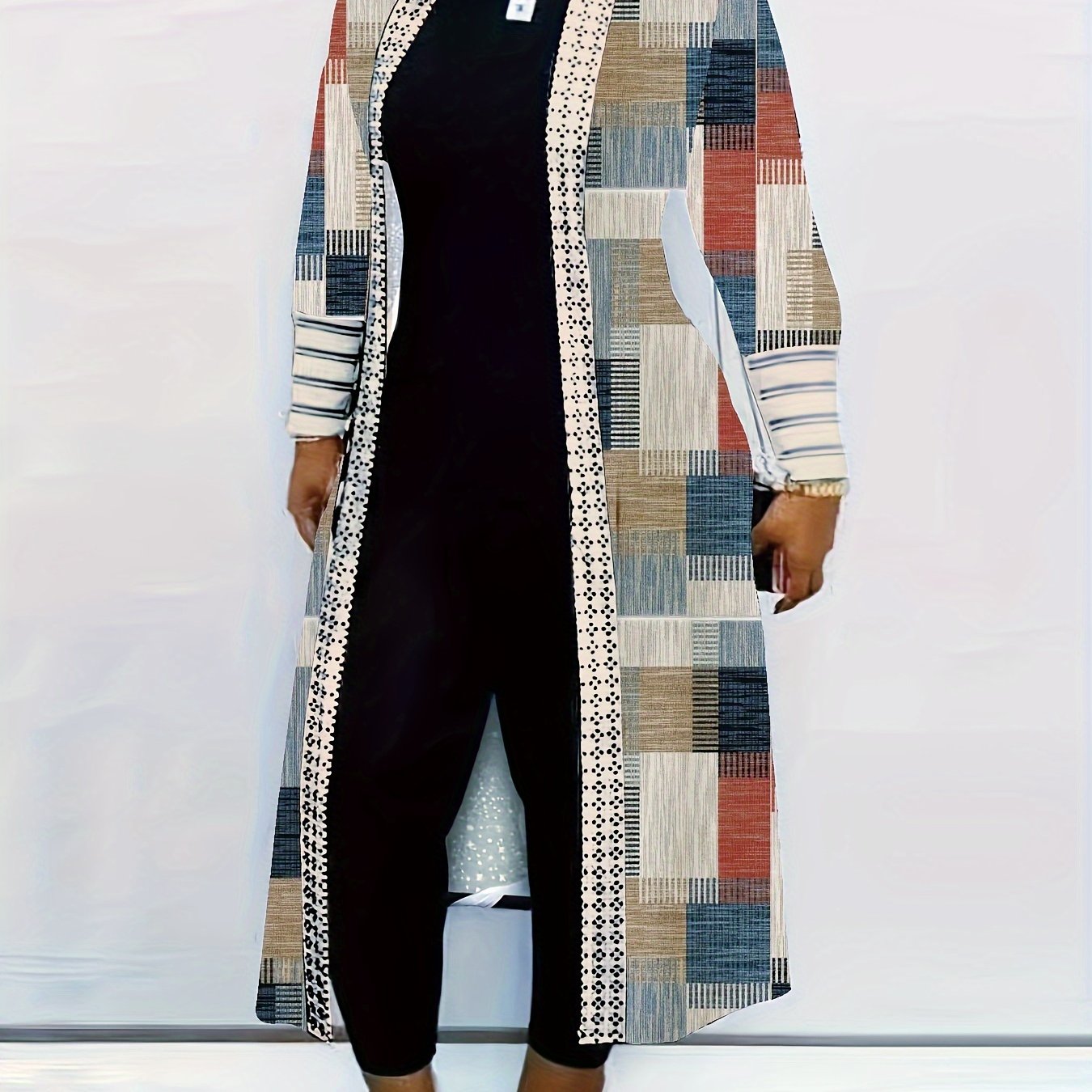  Colorblock Geometric Print Open Front Cardigan