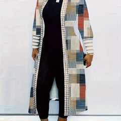  Colorblock Geometric Print Open Front Cardigan