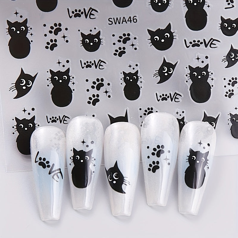2 Pack Cat Nail Art Stickers Halloween Cartoon Animal Decals DIY Decorations