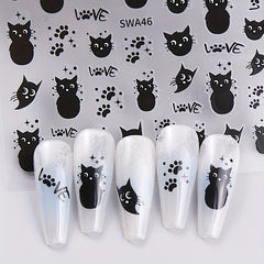 2 Pack Cat Nail Art Stickers Halloween Cartoon Animal Decals DIY Decorations