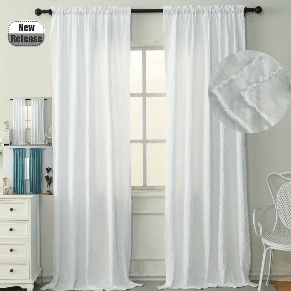 Boho Plaid Jacquard Tufted Rod Pocket Curtains Teal