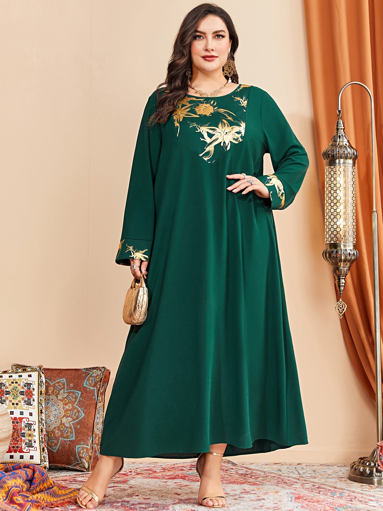  Colorblock Floral Print Long Sleeve Round Neck Maxi Dress