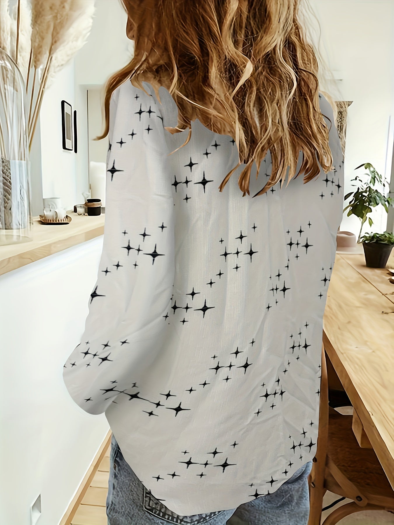  Star Print Long Sleeve Collar Shirt
