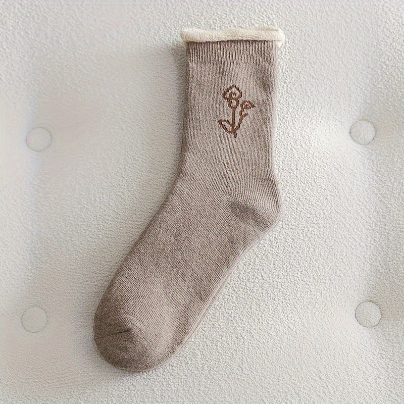 5 Pairs Floral Print Socks Comfy & Warm Mid Tube Socks Women's Stockings