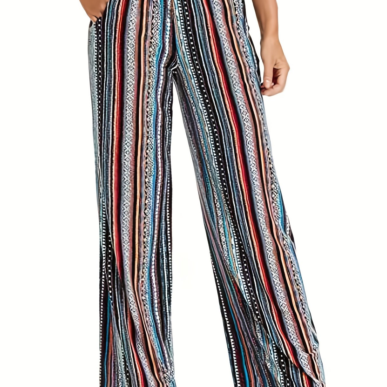  Striped Print Wide Leg Pants With Pockets