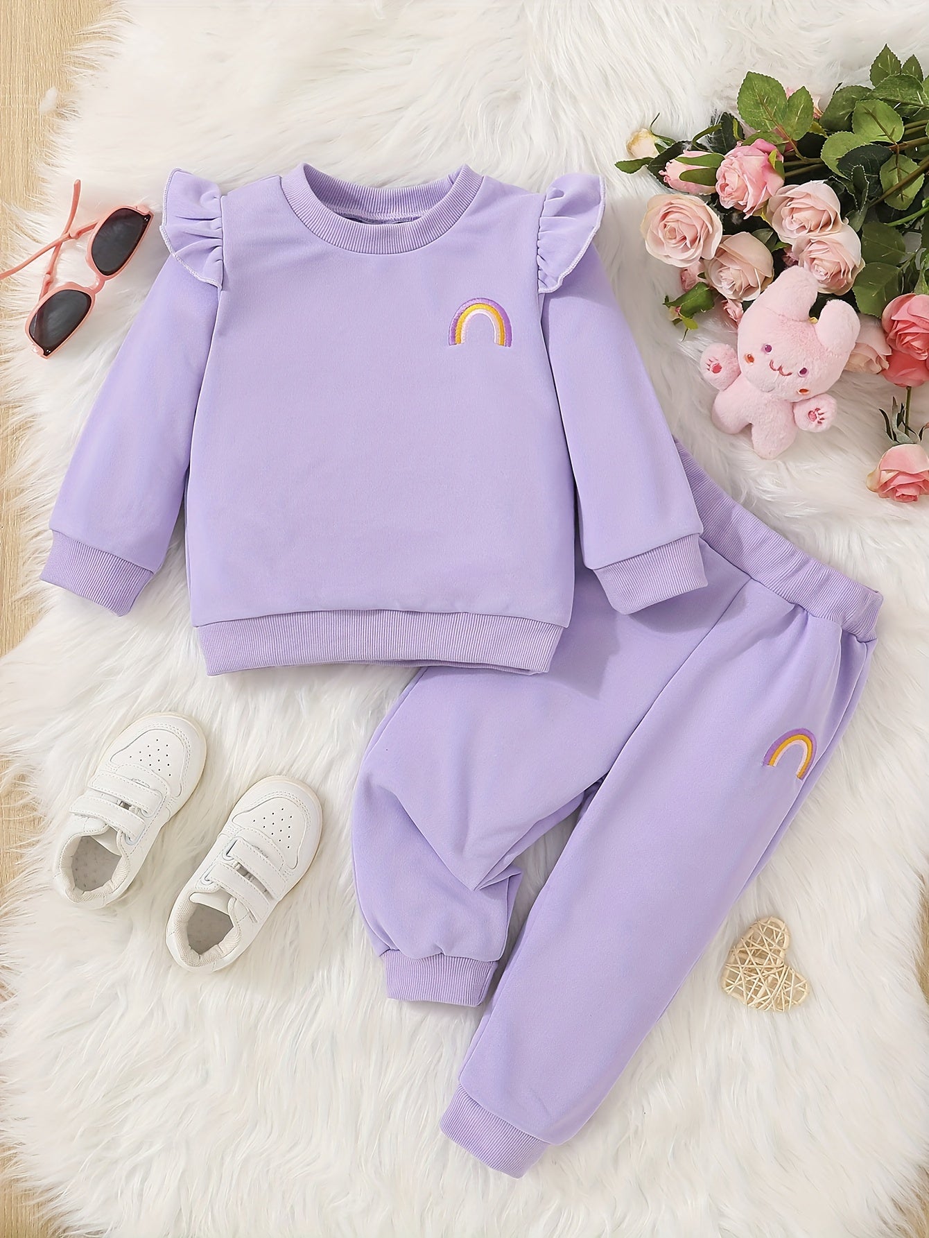Baby Girls Cartoon Rainbow Sweatshirt Top Elastic Waist Pants 2pcs Set