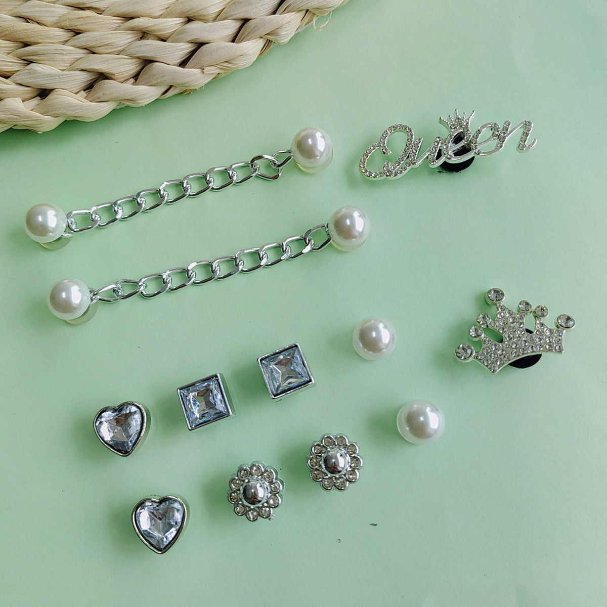 14pcs Silver Crown Letter Ornaments Rhinestone Chain Clogs Decoration Set
