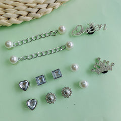 14pcs Silver Crown Letter Ornaments Rhinestone Chain Clogs Decoration Set
