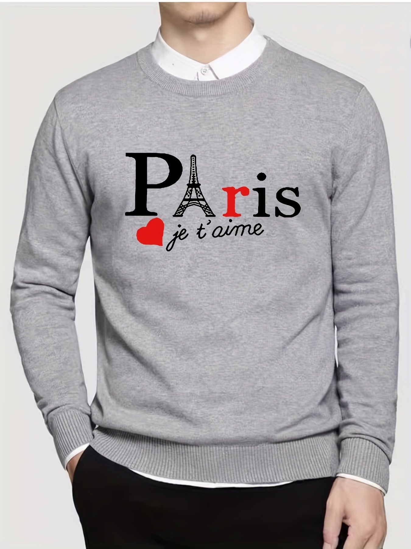 Men's Paris Print Knitted Sweater Casual Mid Stretch Long Sleeve Top