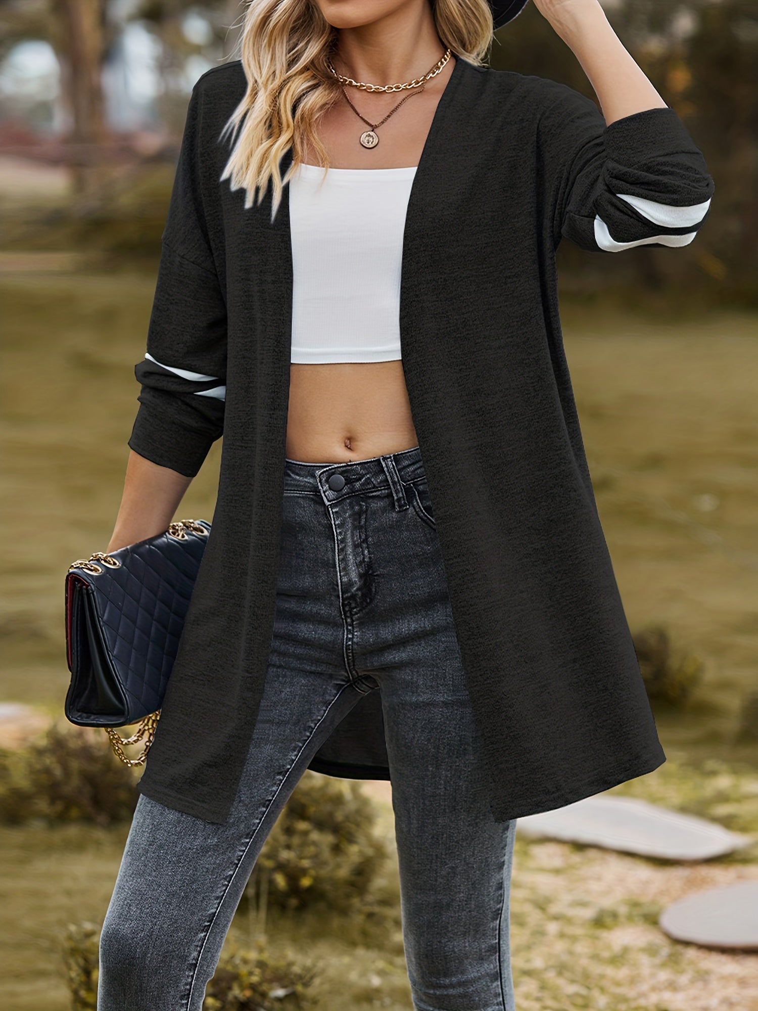  Stripe Print Long Sleeve Open Front Longline Cardigan