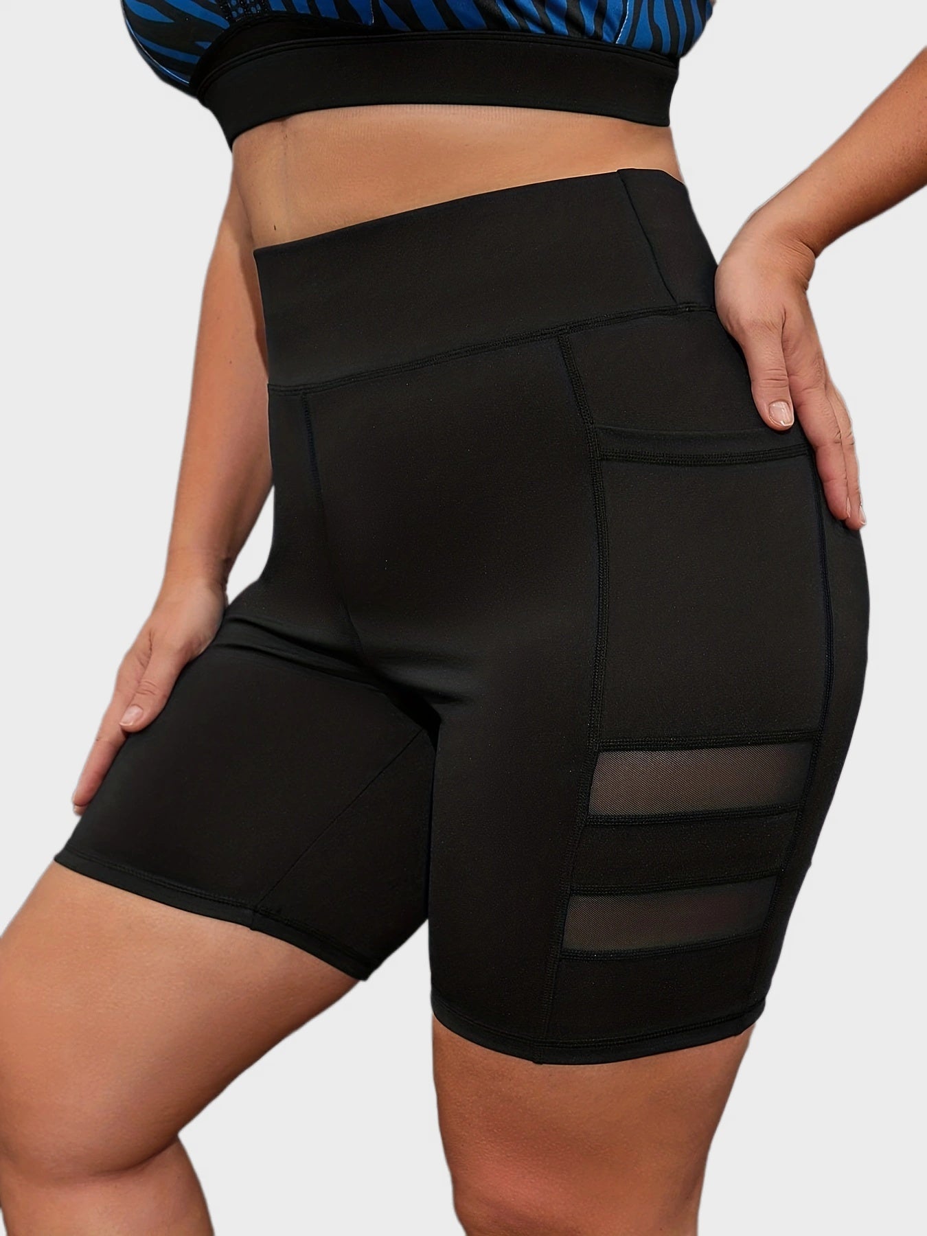  High Rise Mesh Contrast Sports Shorts with Pockets