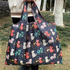 Large Capacity Shoulder Nylon Bag Cartoon Cats Print Foldable Shopper Bag