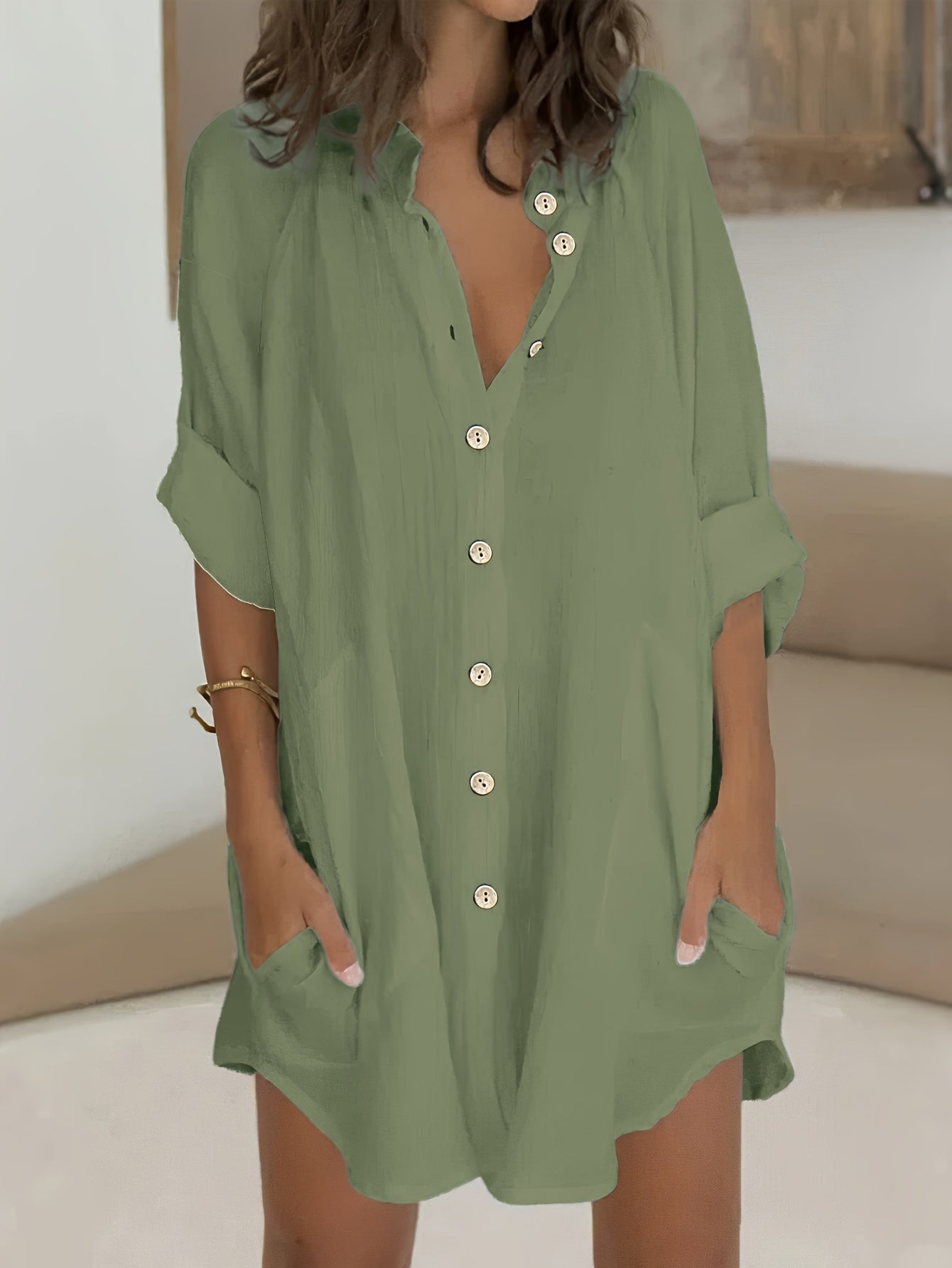  Solid Roll Up Sleeve Mock Neck Button Up Shirt Tunic Top