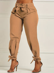 Plus Size Bow Knot Tapered Leg Elastic Pants With Belt
