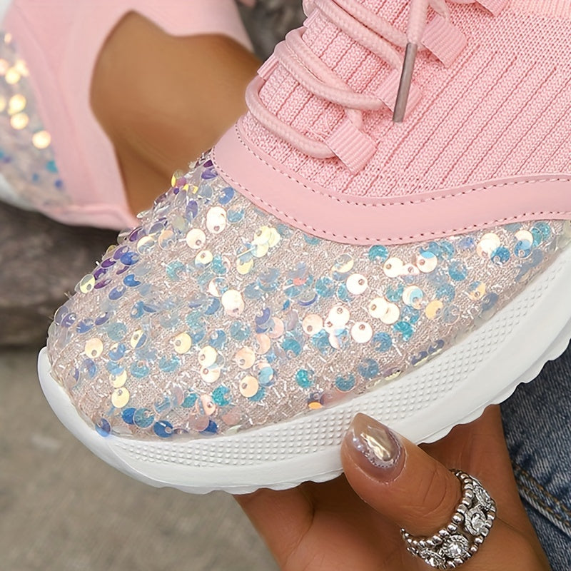 Women's Glitter Sequins Sneakers Pink Lace Up Comfortable Walking Shoes