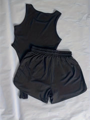 Letter Print 2pc Set Sleeveless Bodysuit & Drawstring Shorts