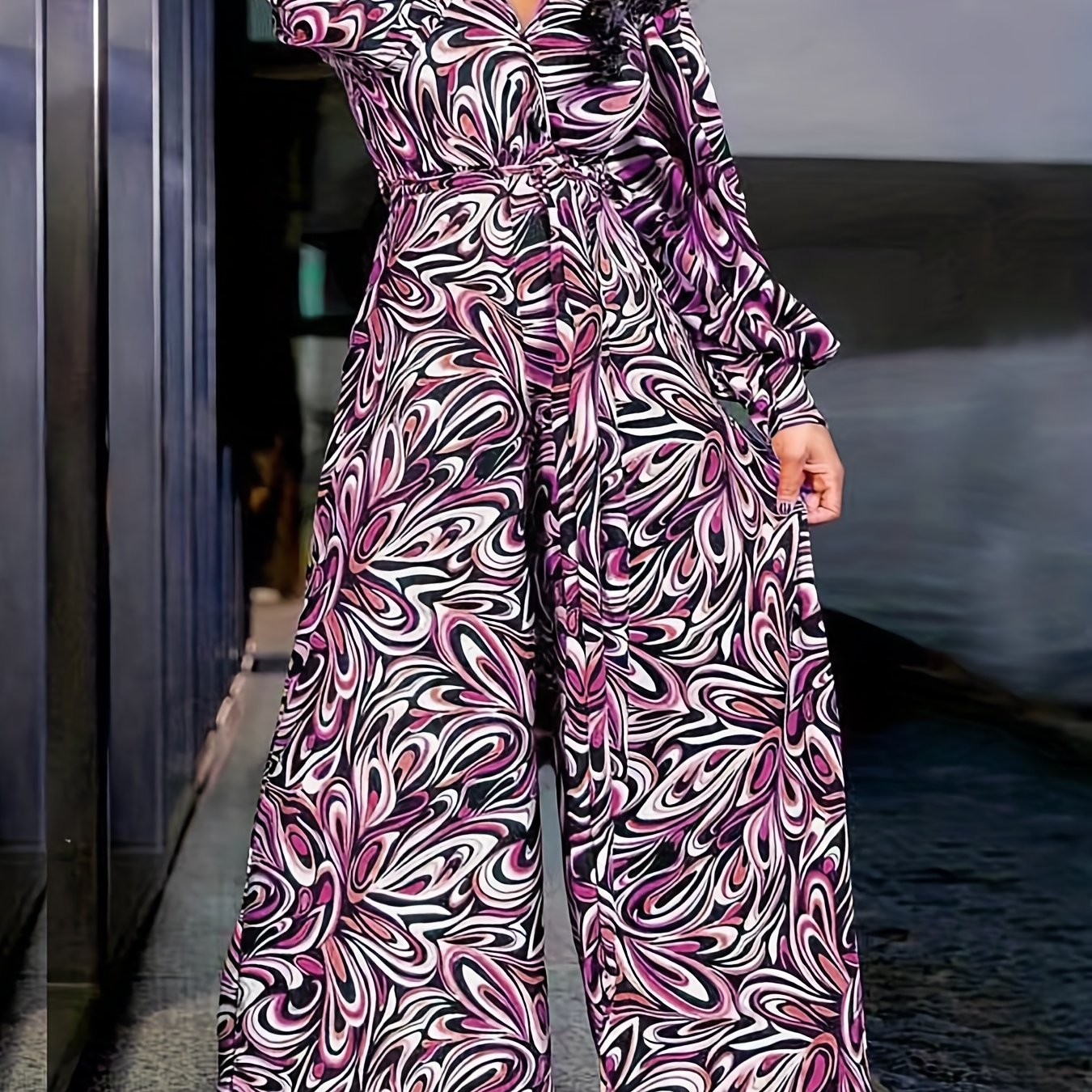  Casual Jumpsuit Women's Plus Allover Print Button Up Long Sleeve