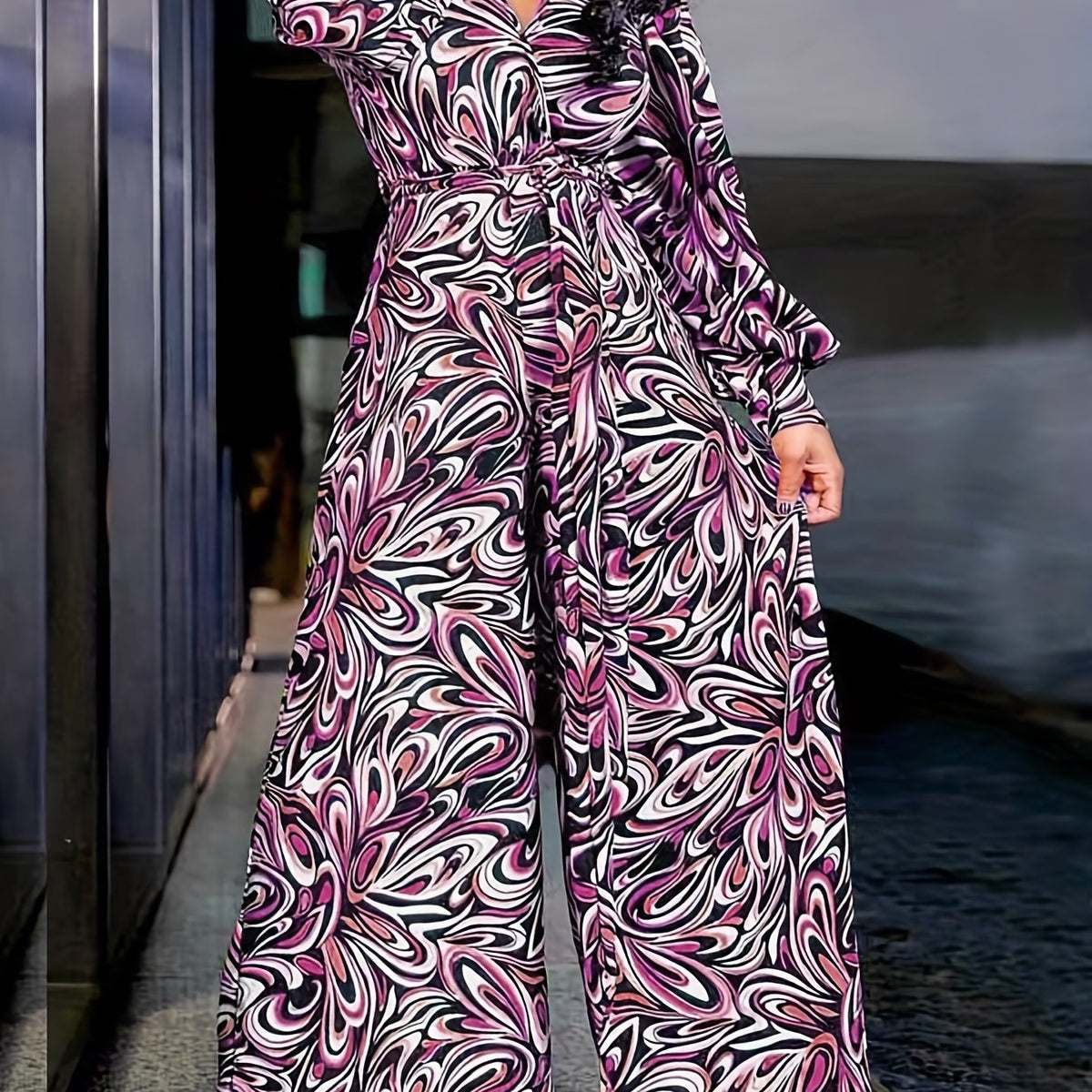  Casual Jumpsuit Women's Plus Allover Print Button Up Long Sleeve